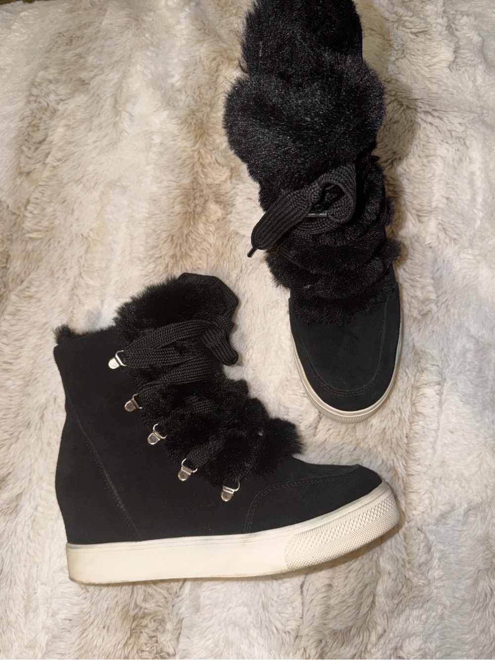 Steve Madden Black Faux Fur Wedge Sneakers with White Sole